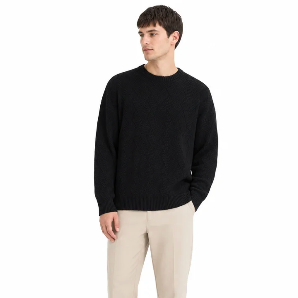 Men's Textured Chevron Knit Crew-Neck Sweater — Ribbed Trims, Mid-Weight — Valendrua