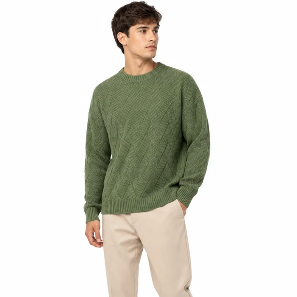 Men's Textured Chevron Knit Crew-Neck Sweater — Ribbed Trims, Mid-Weight — Valendrua