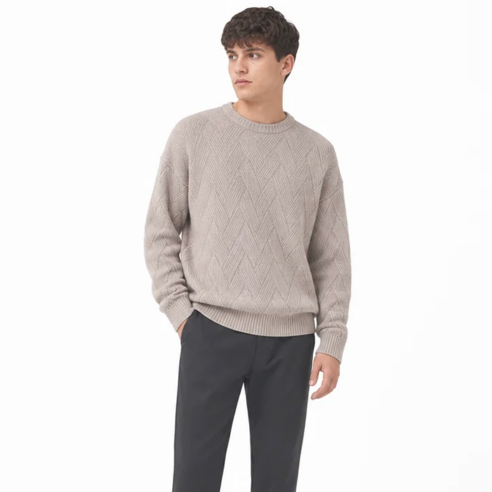 Men's Textured Chevron Knit Crew-Neck Sweater — Ribbed Trims, Mid-Weight — Valendrua