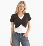 Women's Cropped Cable-Knit Cardigan — V-Neck, Button Front, Short Sleeve — Valendrua