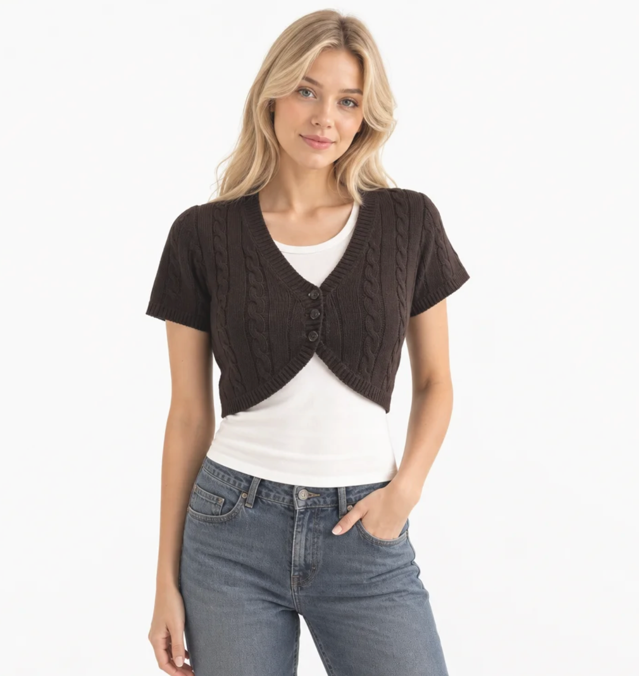 Women's Cropped Cable-Knit Cardigan — V-Neck, Button Front, Short Sleeve — Valendrua