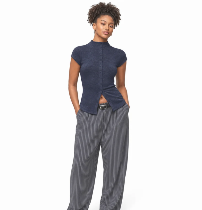 Women's Ribbed Mock-Neck Button Top — Short Sleeve, Side Slit, Fitted — Valendrua