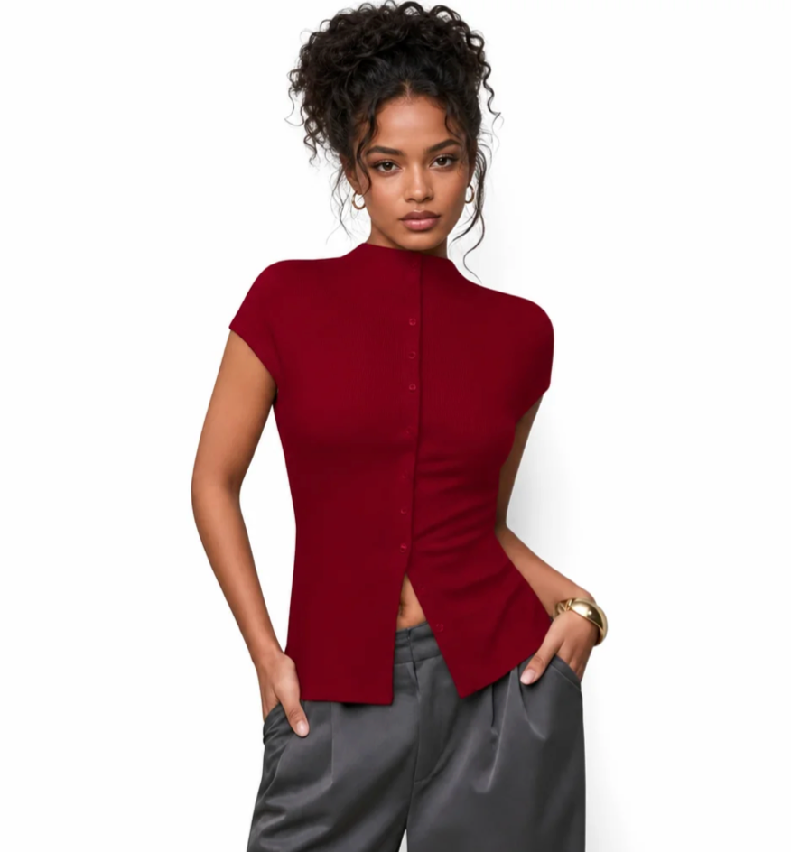 Women's Ribbed Mock-Neck Button Top — Short Sleeve, Side Slit, Fitted — Valendrua