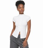 Women's Ribbed Mock-Neck Button Top — Short Sleeve, Side Slit, Fitted — Valendrua