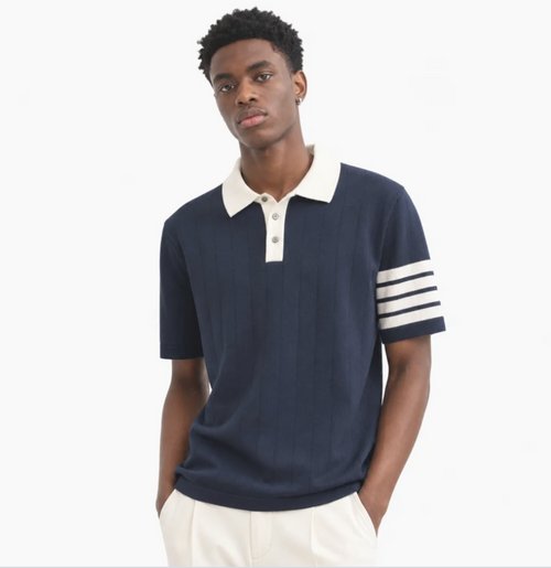 Men's Color-Block Knit Polo — Contrast Collar, Striped Cuff, Short Sleeve — Valendrua