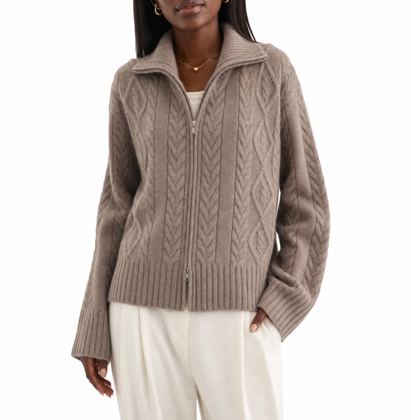 Women's Cable-Knit Zip Cardigan — Funnel Collar, Full-Length Zip, Cashmere — Valendrua