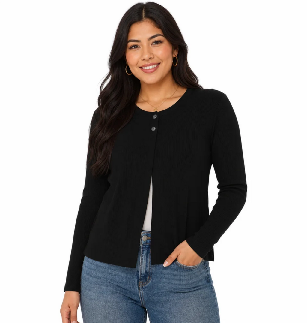 Women's Fine-Rib Button-Top Cardigan — Crew Neck, Long Sleeve, Lightweight — Valendrua