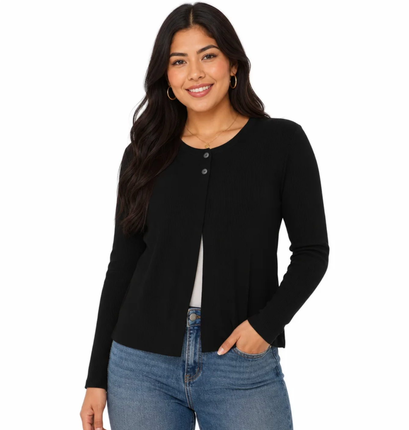 Women's Fine-Rib Button-Top Cardigan — Crew Neck, Long Sleeve, Lightweight — Valendrua