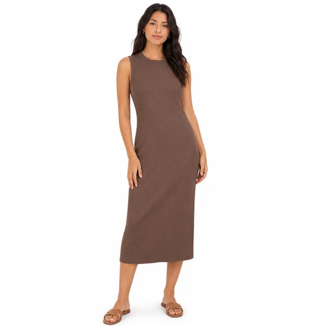 Women's Ribbed Knit Midi Dress — Sleeveless, Crew Neck, Body-Skimming — Valendrua