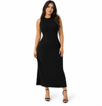 Women's Ribbed Knit Midi Dress — Sleeveless, Crew Neck, Body-Skimming — Valendrua