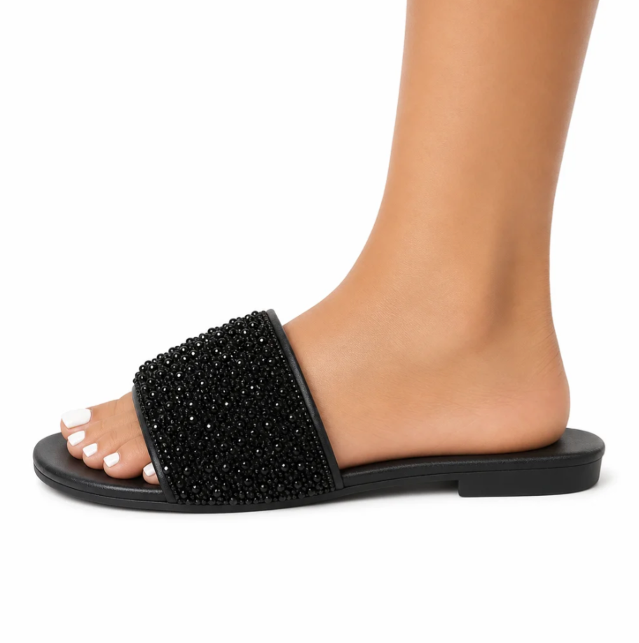 Women's Beaded Flat Slide Sandal — Square Toe, Single Strap, All-Black — Valendrua Noir