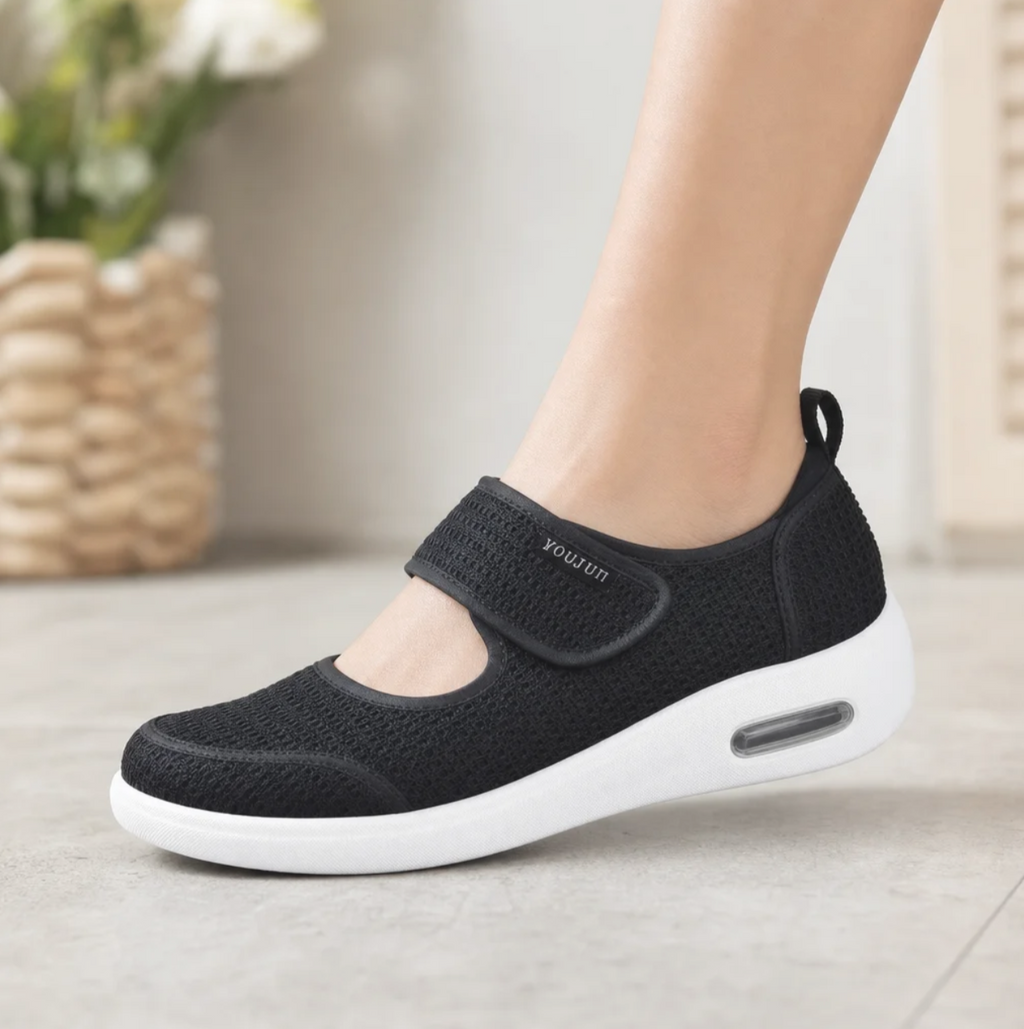Wide-Fit Mesh Walking Shoe — Adjustable Strap, Air-Pocket Sole, Lightweight — Valendrua Ease Walker