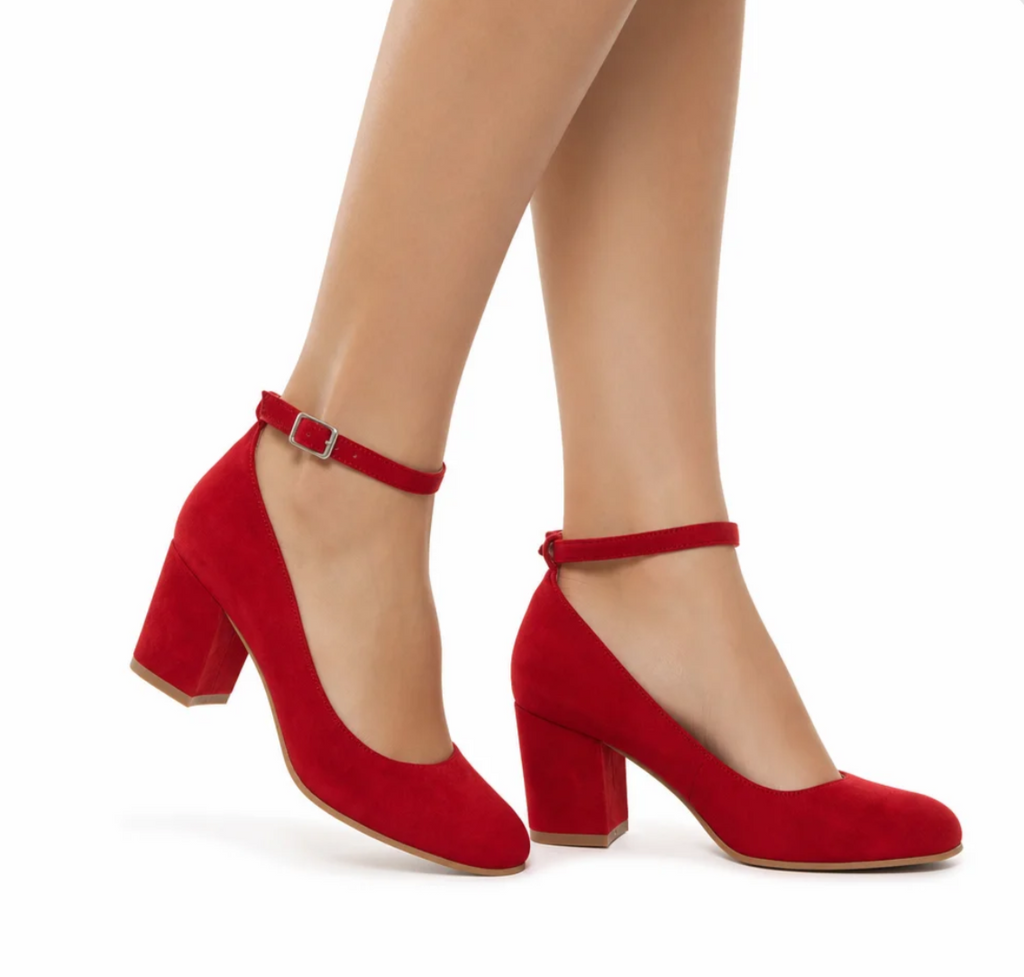 Women's Block Heel Ankle Strap Sandal — Suede, Rounded Toe — Valendrua Colette