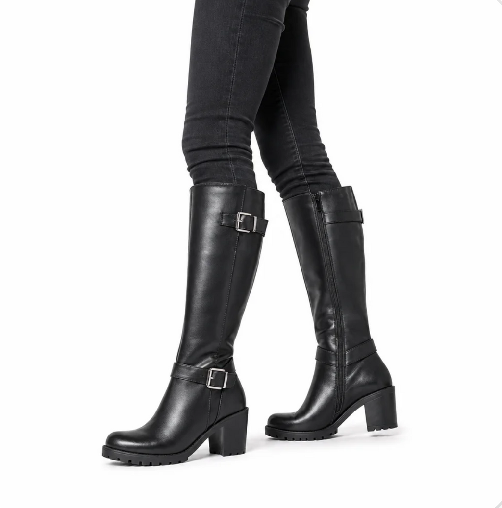 Women's Knee-High Riding Boot — Slouchy Shaft, Block Heel, Buckle Detail — Valendrua Cavalier