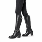 Women's Knee-High Riding Boot — Slouchy Shaft, Block Heel, Buckle Detail — Valendrua Cavalier