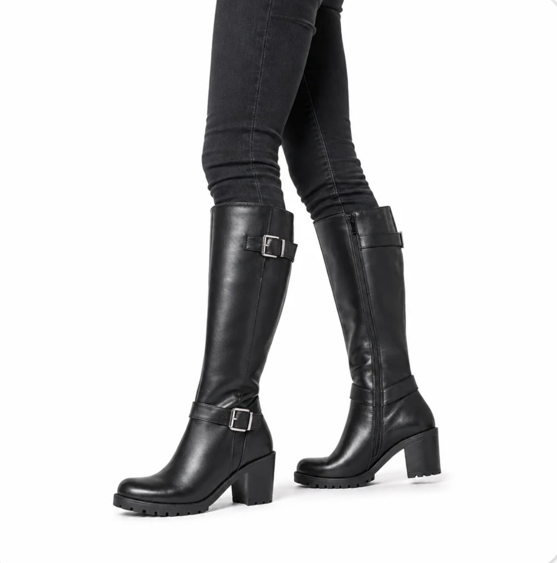 Women's Knee-High Riding Boot — Slouchy Shaft, Block Heel, Buckle Detail — Valendrua Cavalier