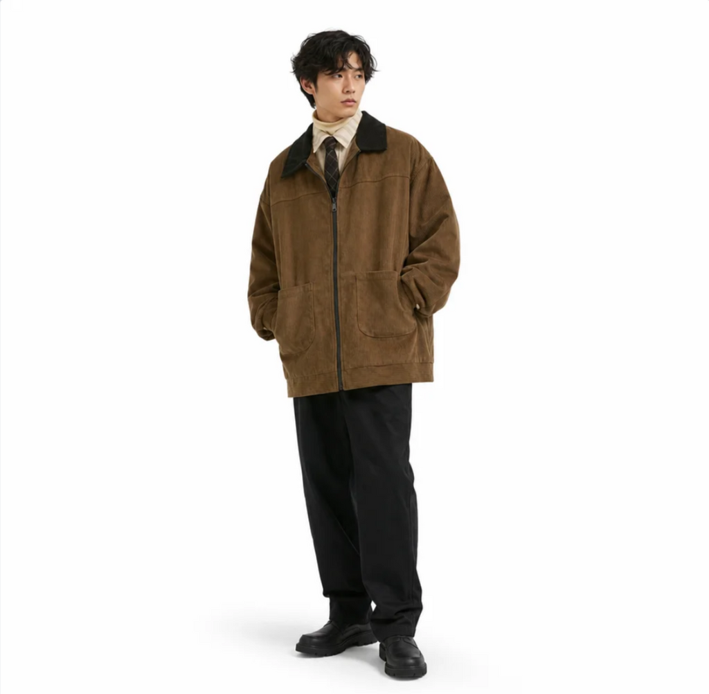 Men's Corduroy Zip Jacket — Contrast Collar, Relaxed Fit, Patch Pockets — Valendrua Camden