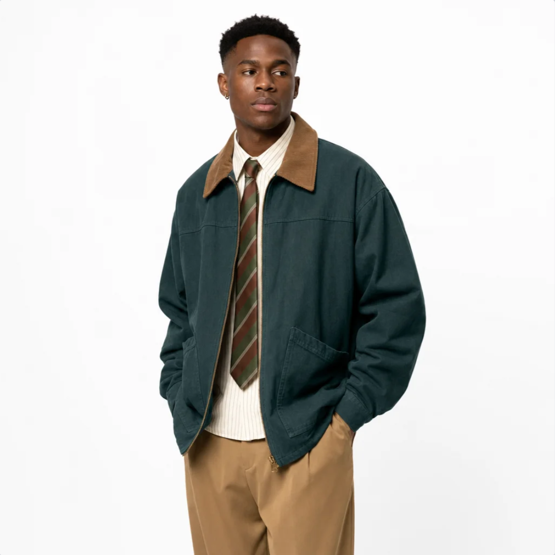Men's Corduroy Zip Jacket — Contrast Collar, Relaxed Fit, Patch Pockets — Valendrua Camden