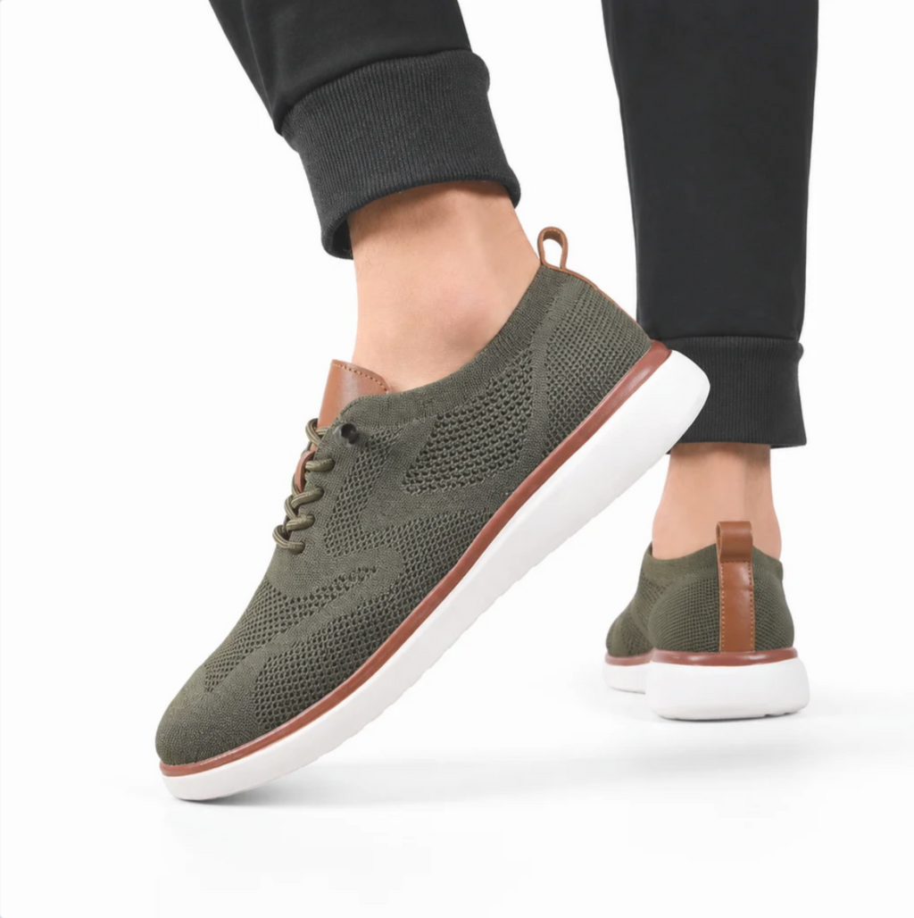Men's Knit Derby Sneaker — Stretch-Knit Upper, Leather-Look Heel, White Sole — Valendrua Ashby