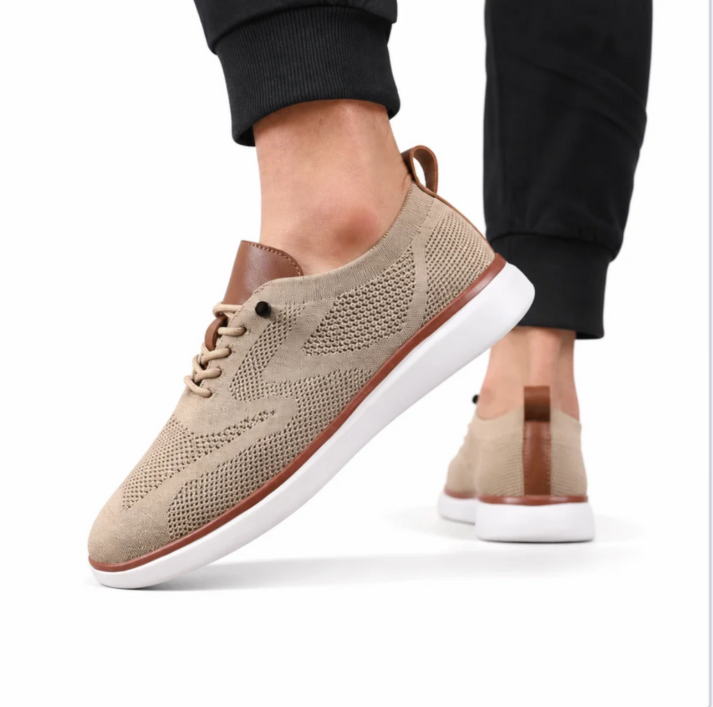 Men's Knit Derby Sneaker — Stretch-Knit Upper, Leather-Look Heel, White Sole — Valendrua Ashby