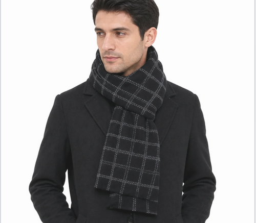 Men's Brushed-Knit Check Scarf — Windowpane Pattern, Fringe Ends — Valendrua Heath