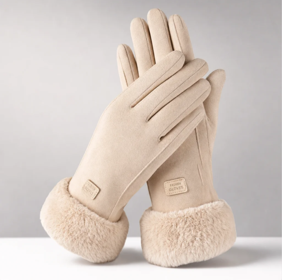 Women's Faux-Suede Gloves — Faux-Fur Cuff, Fleece-Lined, One Size — Valendrua Margot