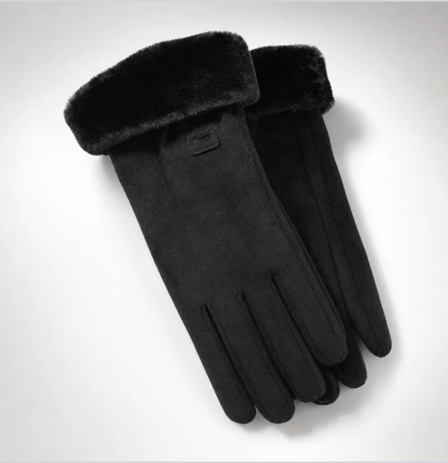 Women's Faux-Suede Gloves — Faux-Fur Cuff, Fleece-Lined, One Size — Valendrua Margot