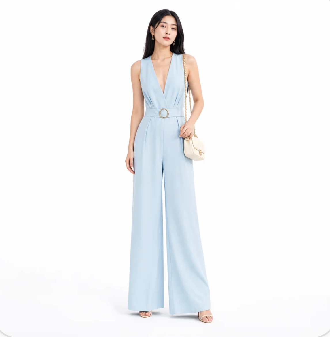 Women's Wide-Leg Jumpsuit — Deep-V Sleeveless, Belted Waist — Valendrua Avalon