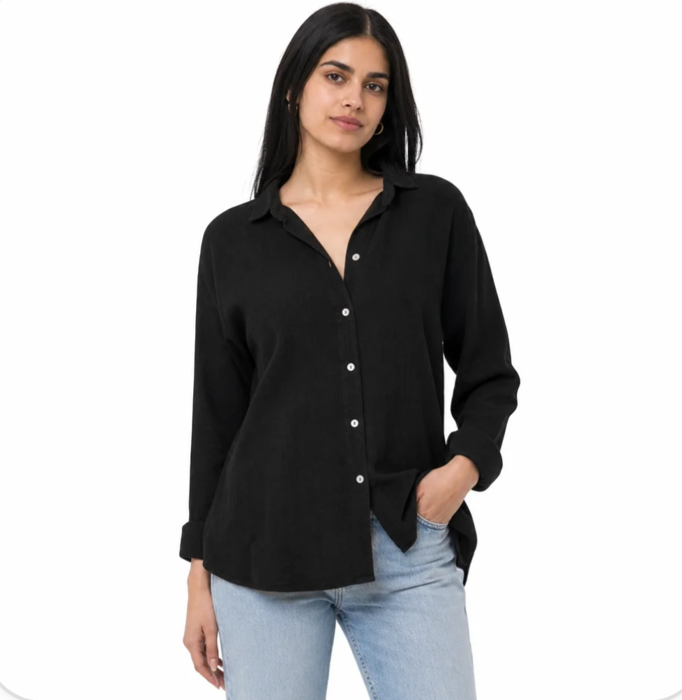 Women's Linen-Blend Button-Down Shirt — Relaxed Loose Fit, Lapel Collar — Valendrua Mirren