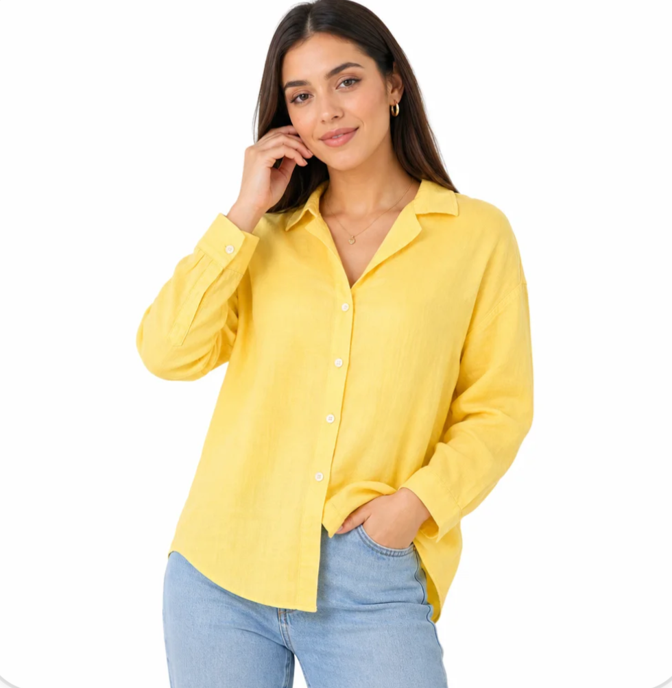 Women's Linen-Blend Button-Down Shirt — Relaxed Loose Fit, Lapel Collar — Valendrua Mirren