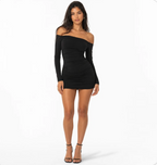 Women's Off-the-Shoulder Mini Dress — Asymmetric Neckline, Long Sleeves — Valendrua Solène