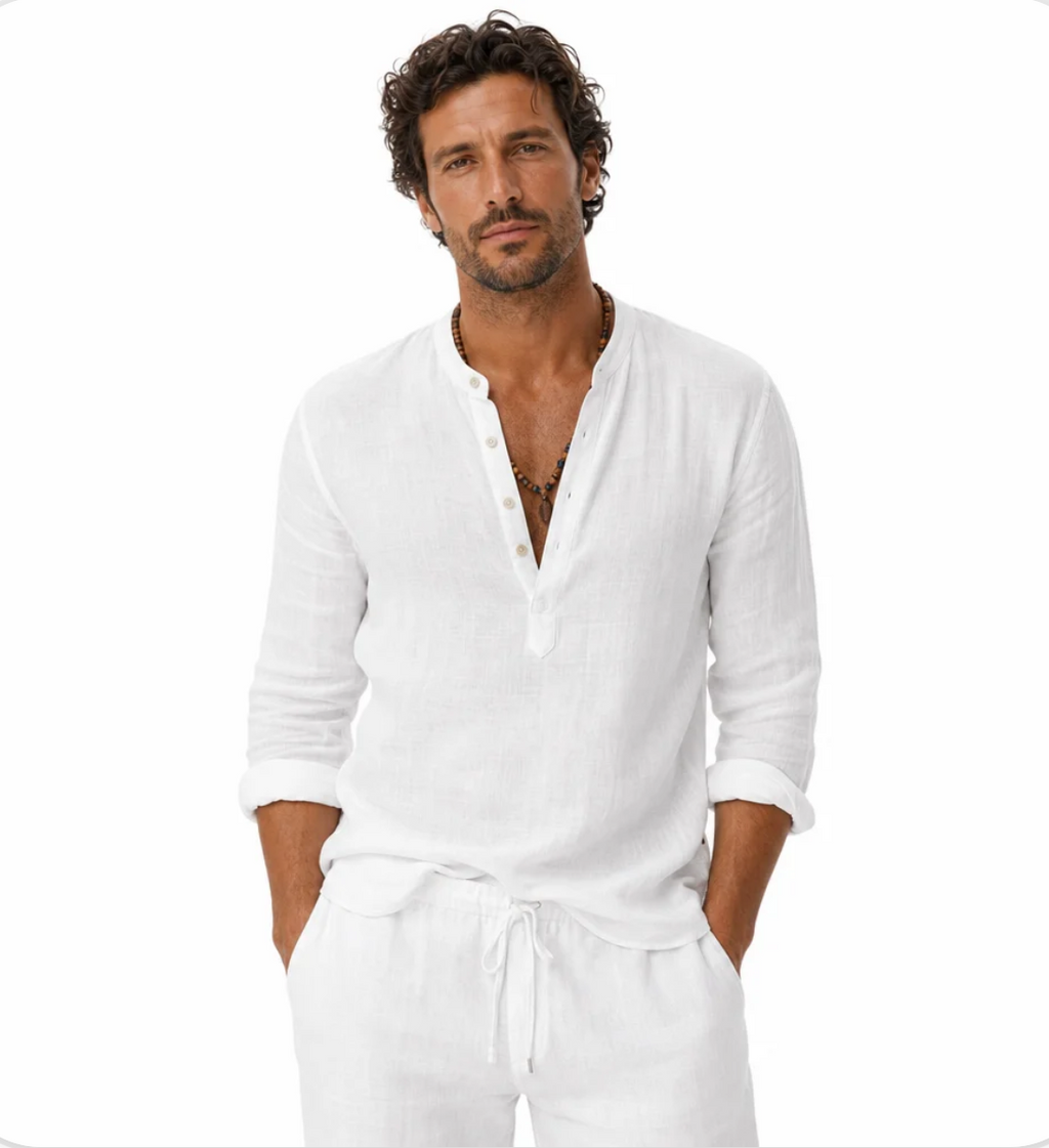 Men's Band-Collar Popover Shirt — Relaxed Fit, Warm-Weather Weave — Valendrua Easton