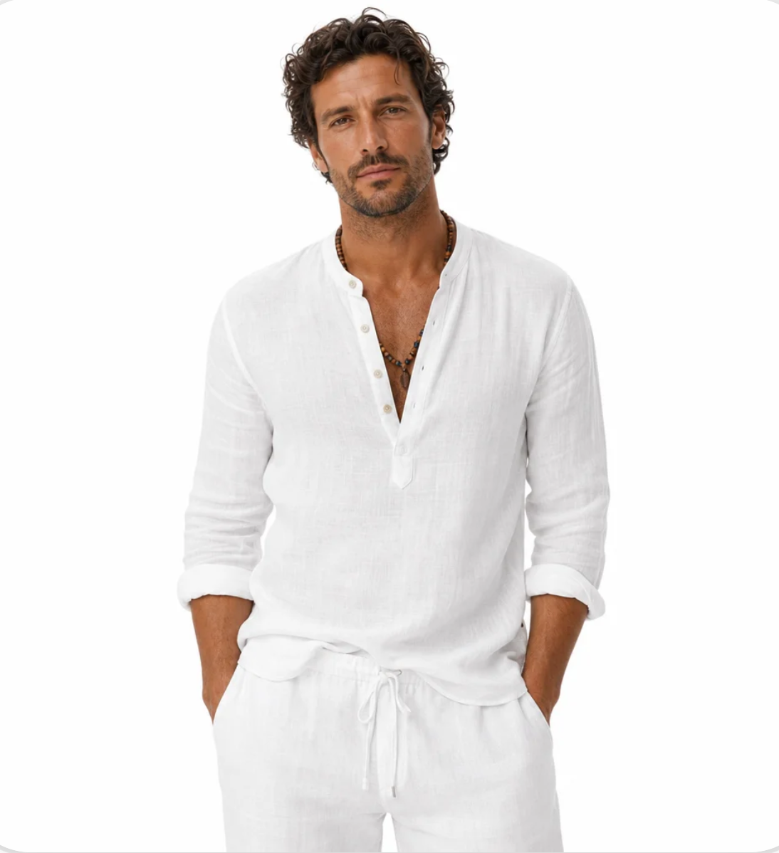 Men's Band-Collar Popover Shirt — Relaxed Fit, Warm-Weather Weave — Valendrua Easton