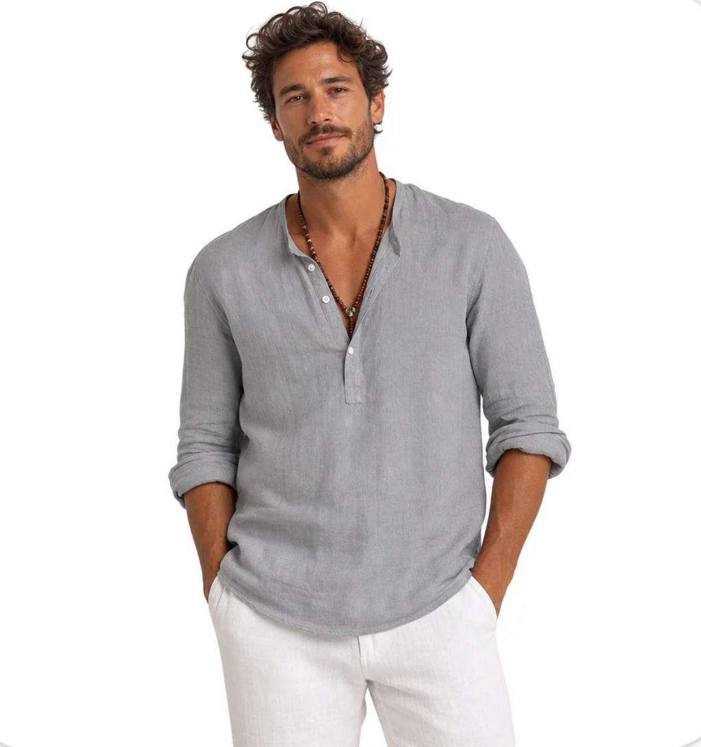 Men's Band-Collar Popover Shirt — Relaxed Fit, Warm-Weather Weave — Valendrua Easton