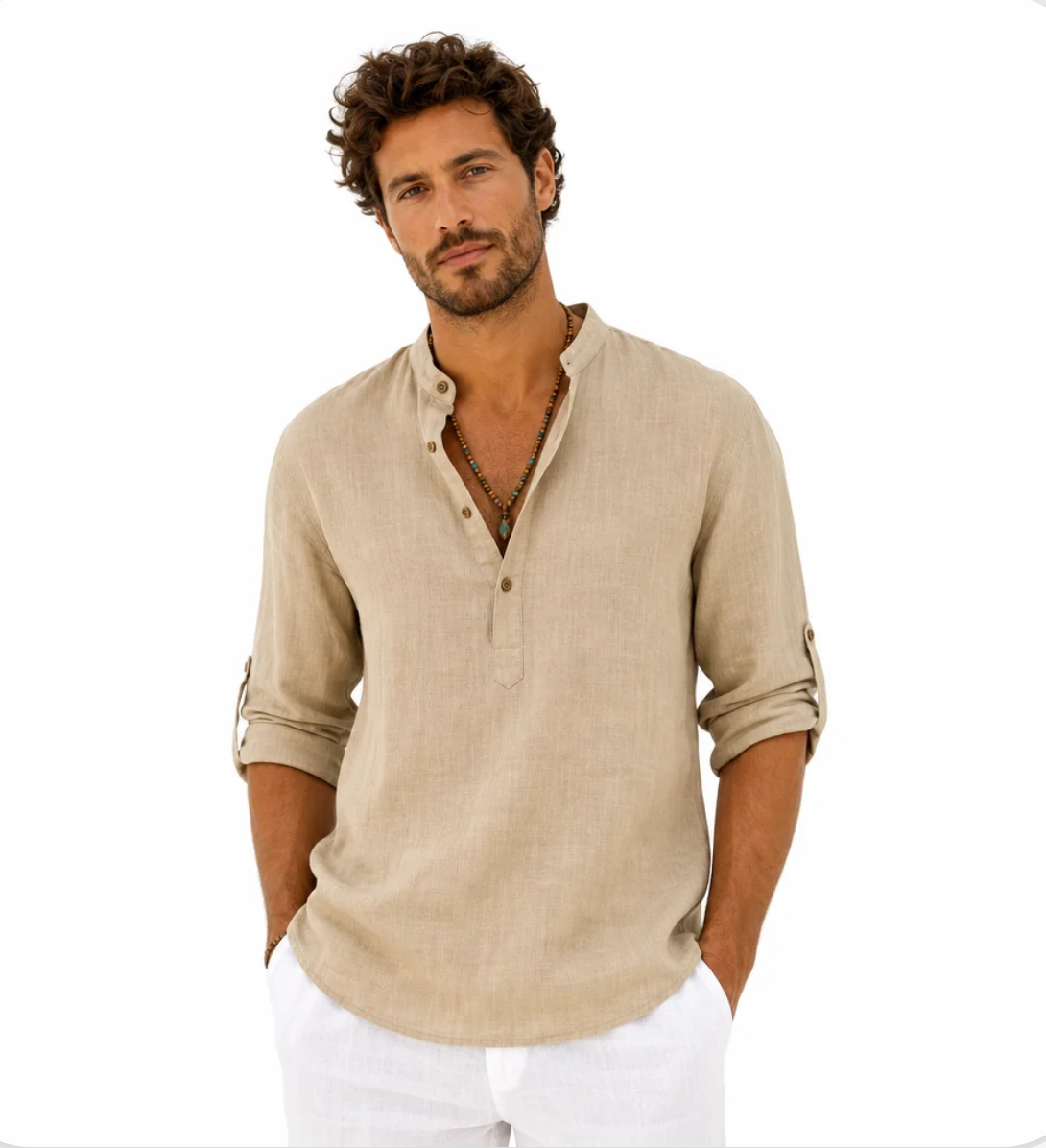 Men's Band-Collar Popover Shirt — Relaxed Fit, Warm-Weather Weave — Valendrua Easton