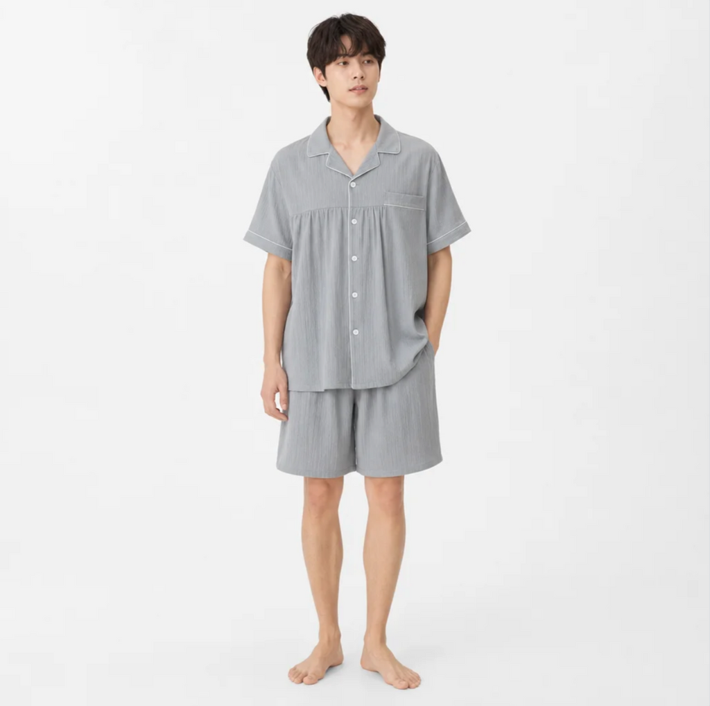 Men's Short-Sleeve Pajama Set — Piped Camp Collar Top & Shorts, Summer Loungewear — Valendrua Sutton
