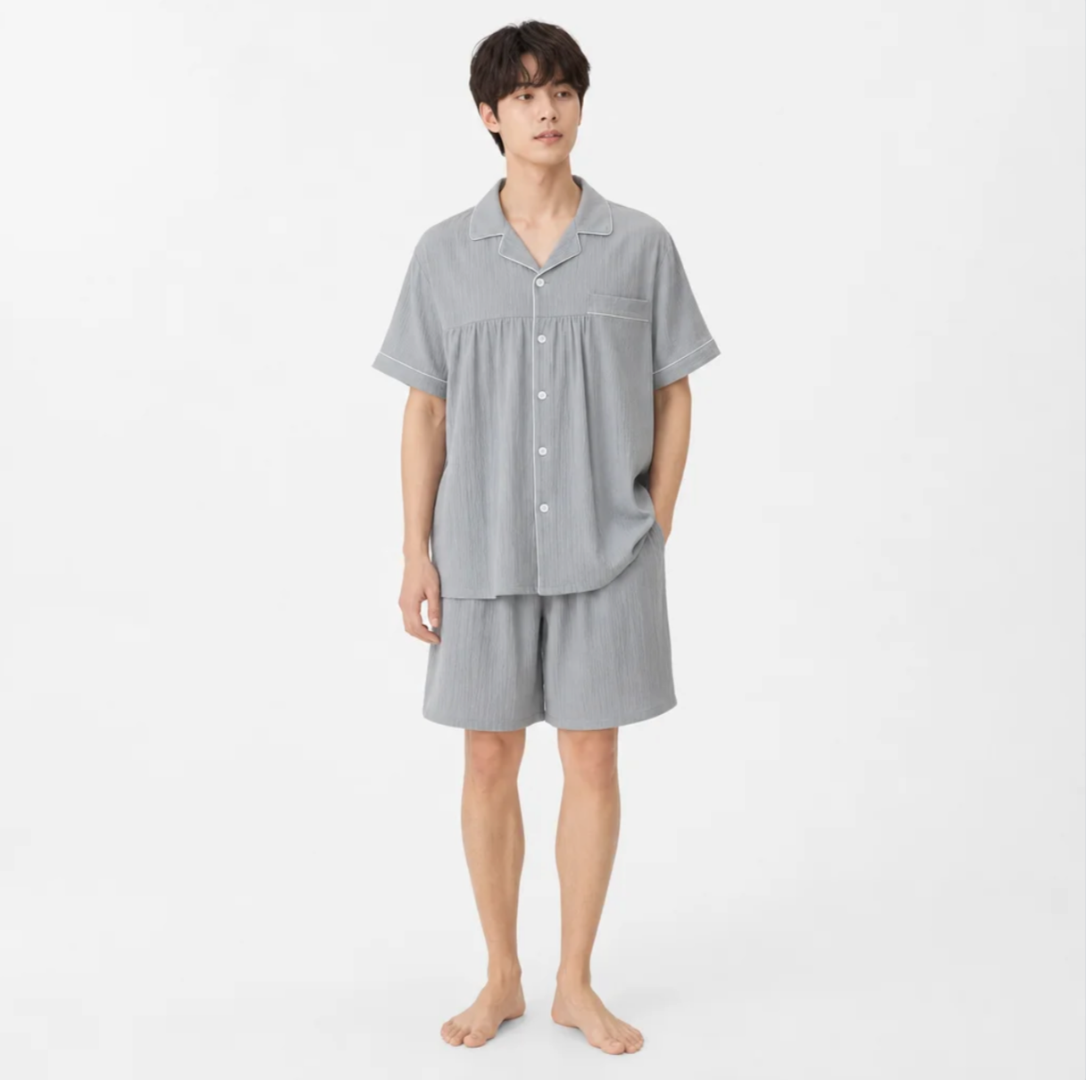 Men's Short-Sleeve Pajama Set — Piped Camp Collar Top & Shorts, Summer Loungewear — Valendrua Sutton