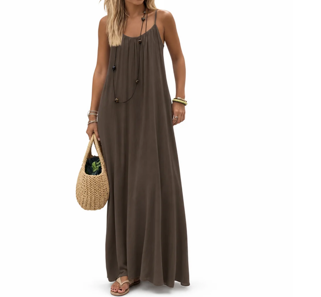 Women's Spaghetti-Strap Maxi Dress — Low Scoop Back, Tie Detail, Relaxed Fit — Valendrua Salcombe