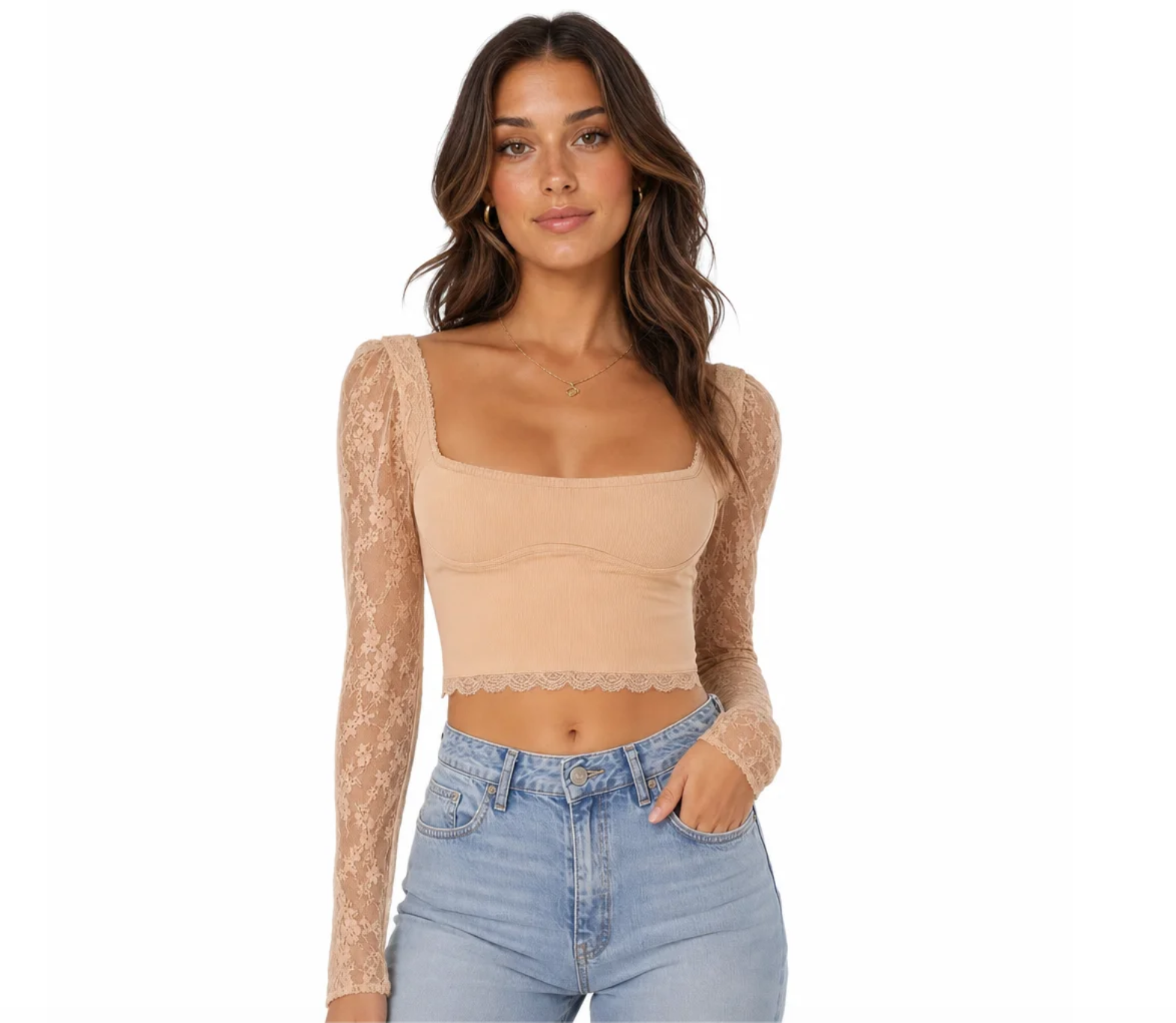 Mayfair Lace-Sleeve Square-Neck Top | Valendrua