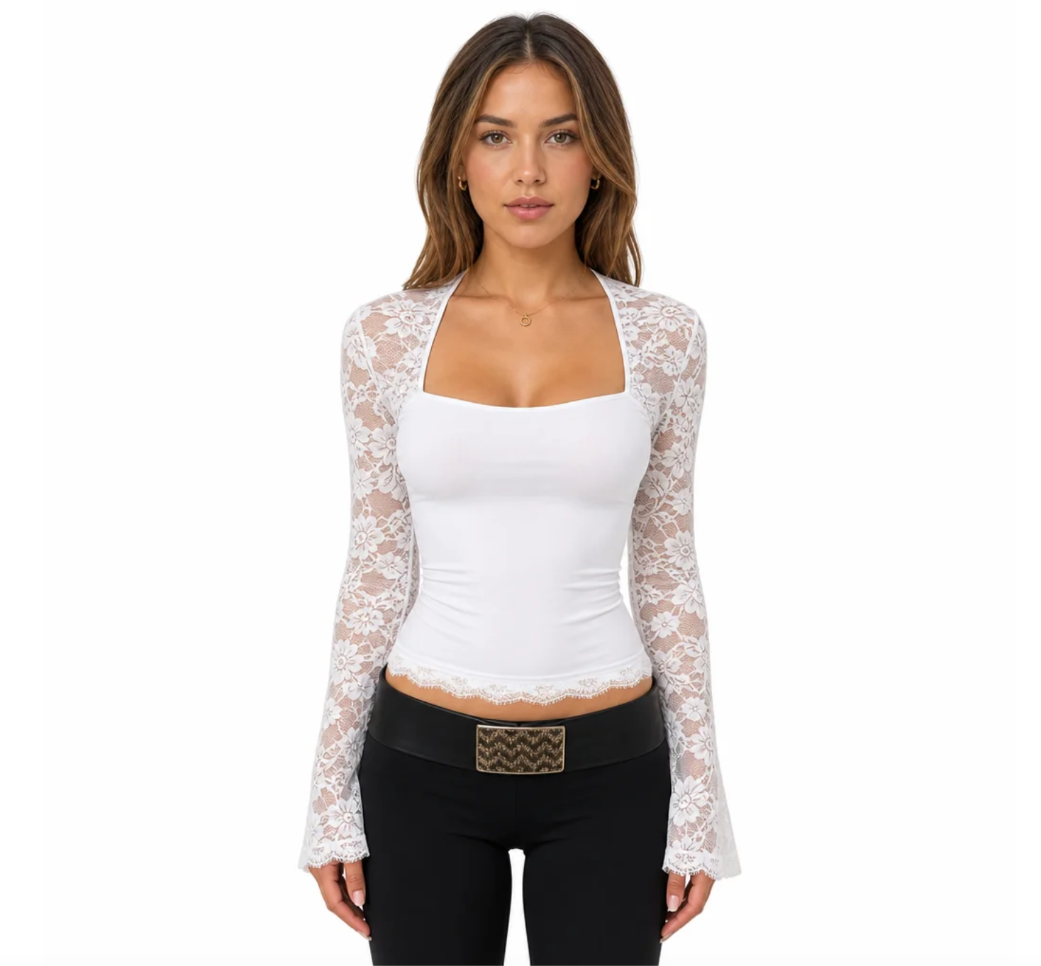 Mayfair Lace-Sleeve Square-Neck Top | Valendrua