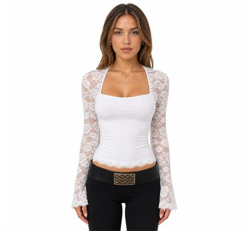 Mayfair Lace-Sleeve Square-Neck Top | Valendrua