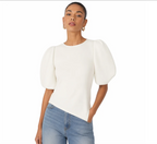 Women's Puff-Sleeve Round-Neck Blouse — Gathered Sleeve, Asymmetric Hem — Valendrua Ellery