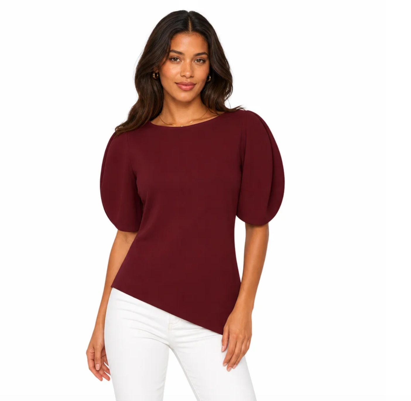 Women's Puff-Sleeve Round-Neck Blouse — Gathered Sleeve, Asymmetric Hem — Valendrua Ellery