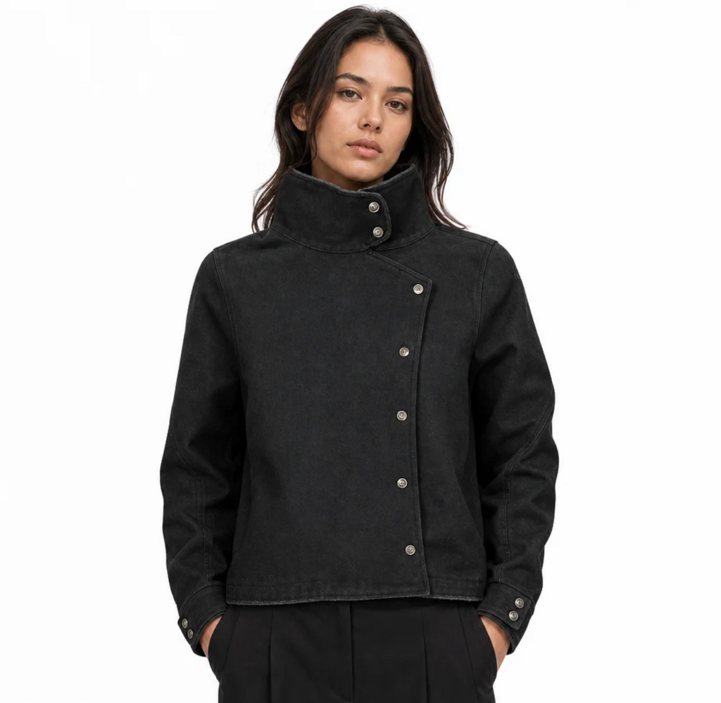 Men's Asymmetric-Snap Funnel-Collar Jacket — Structured Canvas, Oversized Fit — Valendrua Calder
