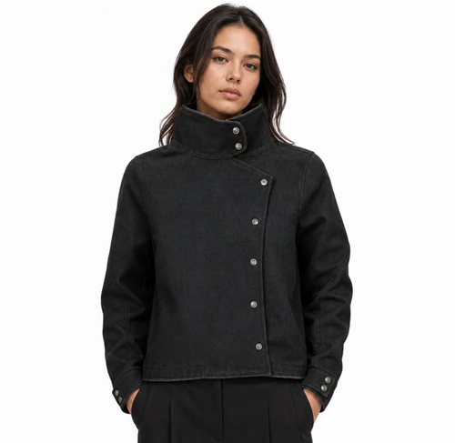Men's Asymmetric-Snap Funnel-Collar Jacket — Structured Canvas, Oversized Fit — Valendrua Calder