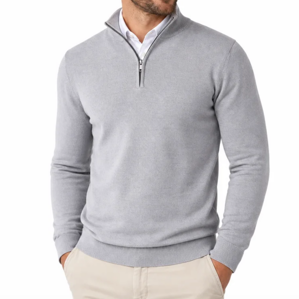 Men's Quarter-Zip Fine-Gauge Knit Pullover — Stand Collar, Tonal Zip, Ribbed Cuffs — Valendrua Fenwick