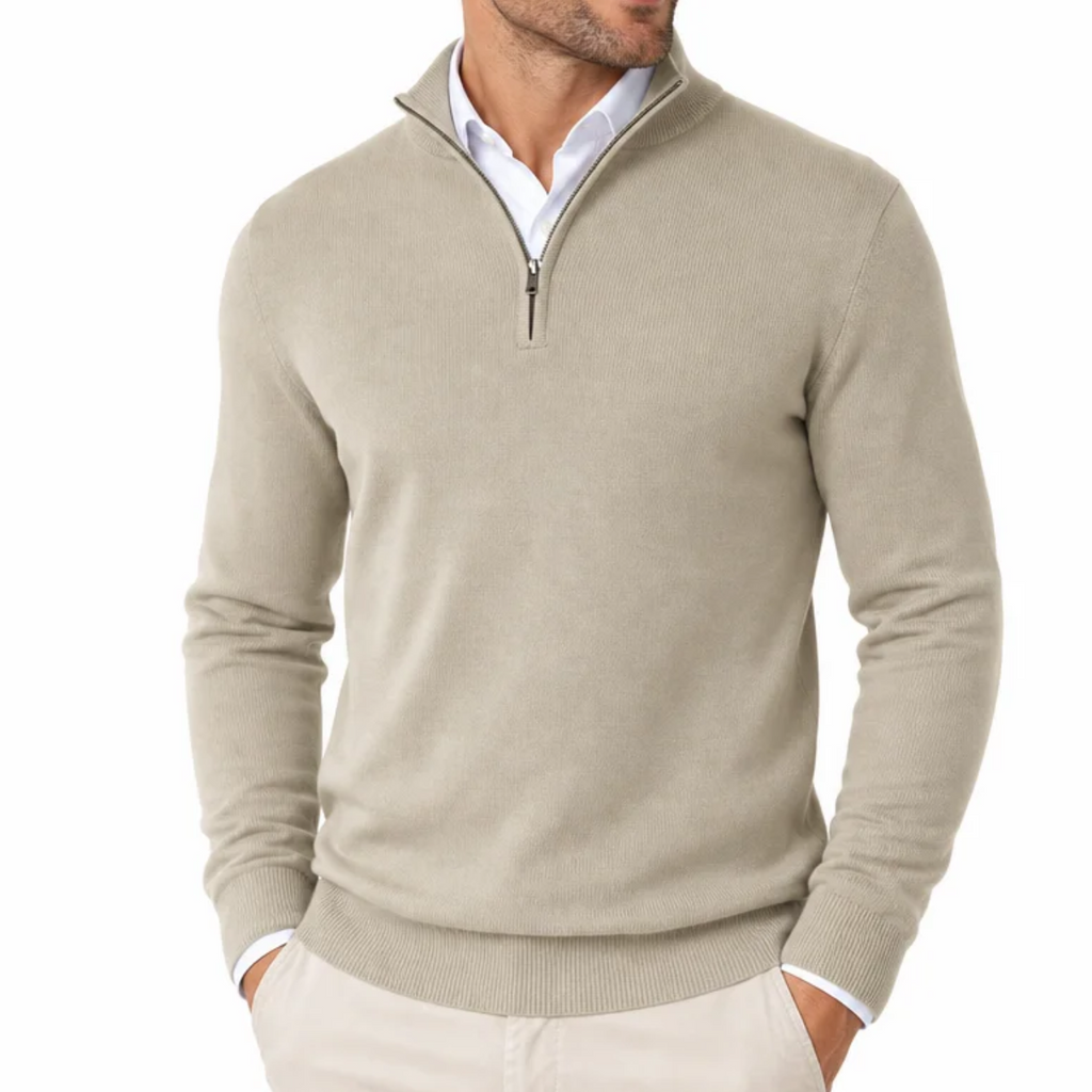 Men's Quarter-Zip Fine-Gauge Knit Pullover — Stand Collar, Tonal Zip, Ribbed Cuffs — Valendrua Fenwick