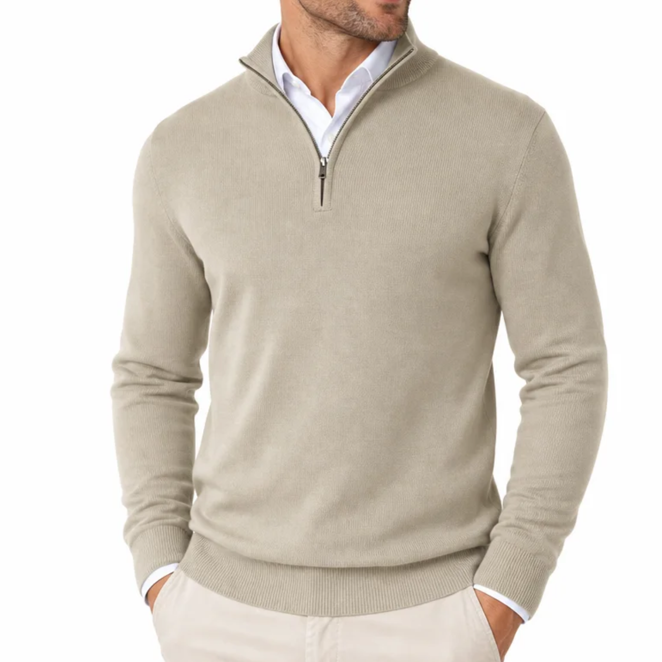 Men's Quarter-Zip Fine-Gauge Knit Pullover — Stand Collar, Tonal Zip, Ribbed Cuffs — Valendrua Fenwick