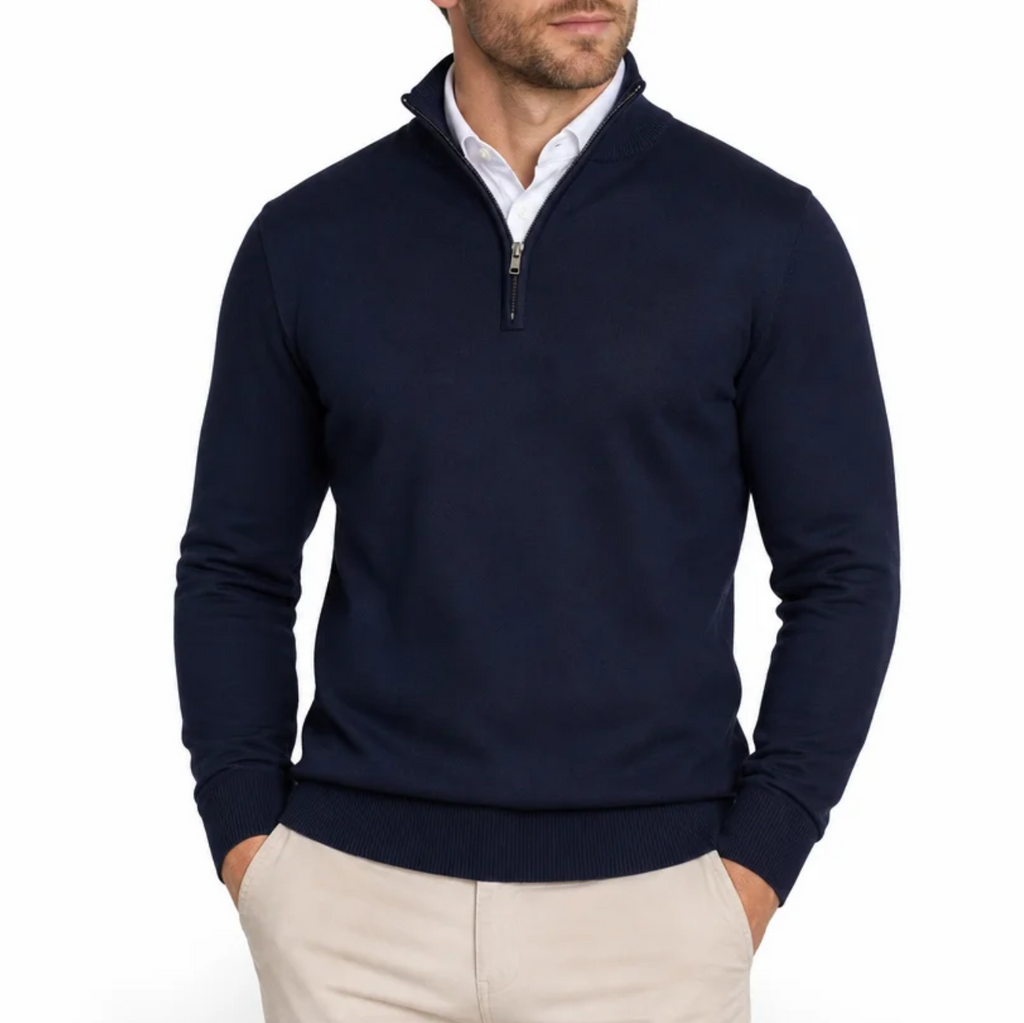 Men's Quarter-Zip Fine-Gauge Knit Pullover — Stand Collar, Tonal Zip, Ribbed Cuffs — Valendrua Fenwick