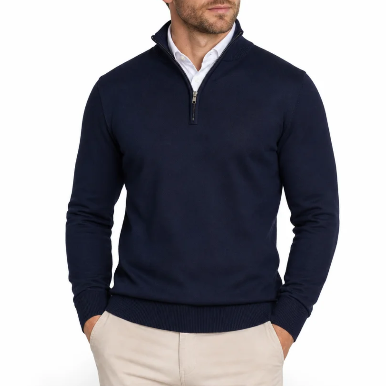 Men's Quarter-Zip Fine-Gauge Knit Pullover — Stand Collar, Tonal Zip, Ribbed Cuffs — Valendrua Fenwick